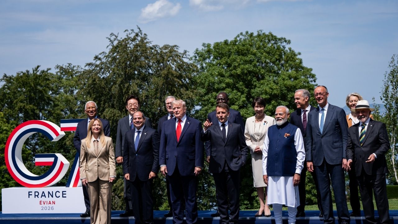President Donald Trump, front row, third from left, poses for a photo with world leaders during the G7 Summit in Évian-les-Bains, France, on June 16, 2026. China took aim at a U.S. government program to reduce American reliance on Chinese imports for rare-earth magnets, a move that risks reigniting trade tensions with President Trump. (Haiyun Jiang/The New York Times)