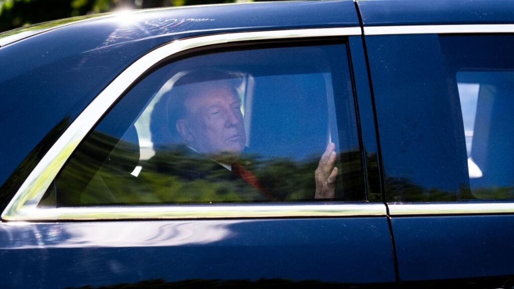 President Donald Trump in the presidential limo as he departs for the Capitol in Washington, on Wednesday, June 24, 2026. President Trump abruptly canceled his plans to sign a bipartisan housing bill on Wednesday, one that Republicans and Democrats had been eager to promote on the campaign trail as evidence they were working to bring down costs for voters. (Doug Mills/The New York Times)