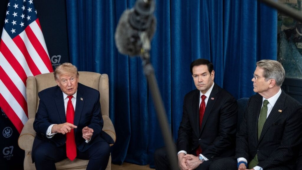 President Donald Trump, left, speaks during a meeting with President Mohamed bin Zayed Al Nahyan of the United Arab Emirates at the G7 Summit in Evian-les-Bains, France, June 16, 2026. From right: Secretary of the Treasury Scott Bessent, Secretary of State Marco Rubio and Trump. (Haiyun Jiang/The New York Times)