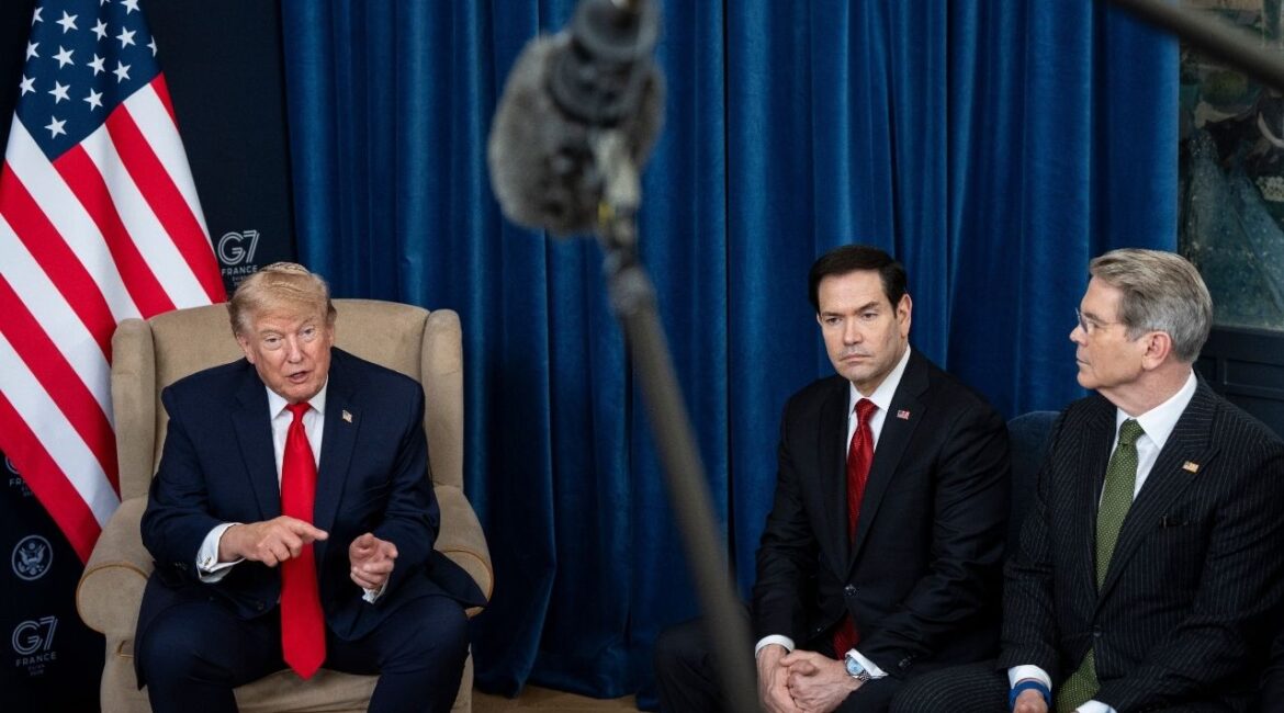 President Donald Trump, left, speaks during a meeting with President Mohamed bin Zayed Al Nahyan of the United Arab Emirates at the G7 Summit in Evian-les-Bains, France, June 16, 2026. From right: Secretary of the Treasury Scott Bessent, Secretary of State Marco Rubio and Trump. (Haiyun Jiang/The New York Times)