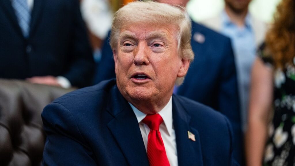 President Donald Trump speaks in the Oval Office at the White House in Washington, on Thursday, June 11, 2026. President Trump said in an interview on Sunday afternoon that the agreement he reached with Iran would ultimately assure that the Strait of Hormuz is “permanently toll free” and argued that, despite the objections of Prime Minister Benjamin Netanyahu of Israel, he had saved Israel from nuclear obliteration. (Eric Lee/The New York Times)