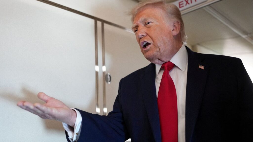 President Donald Trump speaks to members of the media on board Air Force One while flying from Joint Base Andrews to Chippewa Valley Regional Airport in Eau Claire, Wisconsin, U.S., June 5, 2026. (Reuters File)
