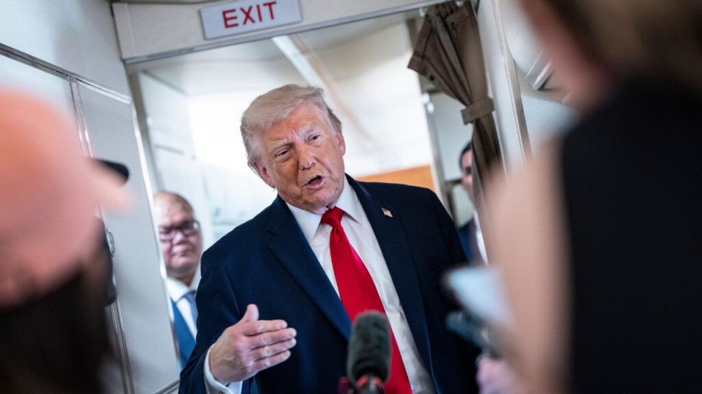 President Donald Trump speaks to reporters aboard Air Force One while traveling to Chippewa Falls, Wis., June 5, 2026. President Trump has voiced his frustration with Prime Minister Benjamin Netanyahu of Israel, but it is not clear how able he is to rein in Israeli military action. (Haiyun Jiang/The New York Times)