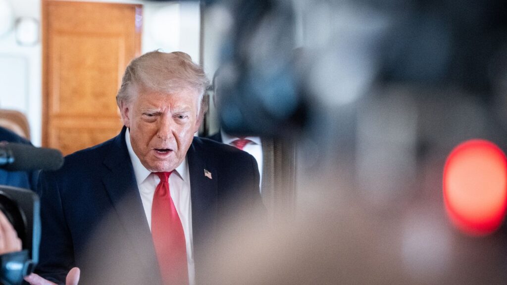 President Donald Trump speaks to reporters aboard Air Force One while traveling to an event in Chippewa Falls, Wis., on Friday, June 5, 2026. President Trump, who campaigned on a central promise to keep the United States out of overseas wars, denied in an interview aired on Sunday that he’d ever made the pledge. (Haiyun Jiang/The New York Times)