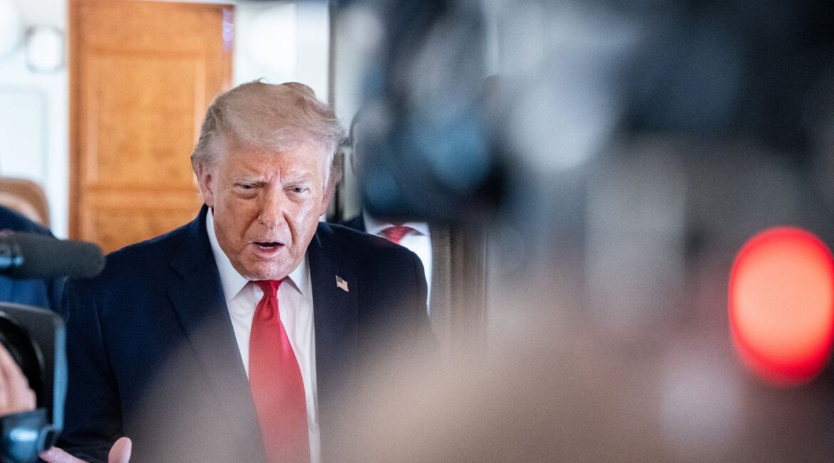 President Donald Trump speaks to reporters aboard Air Force One while traveling to an event in Chippewa Falls, Wis., on Friday, June 5, 2026. President Trump, who campaigned on a central promise to keep the United States out of overseas wars, denied in an interview aired on Sunday that he’d ever made the pledge. (Haiyun Jiang/The New York Times)