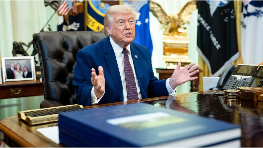 President Donald Trump speaks to reporters in the Oval Office of the White House on Wednesday, June 3, 2026. President Trump on Wednesday said he still loved the idea of a $1.8 billion fund to use taxpayer money to pay his allies who claim they have been politically persecuted, even after his administration said it was dropping the plan. (Doug Mills/The New York Times)