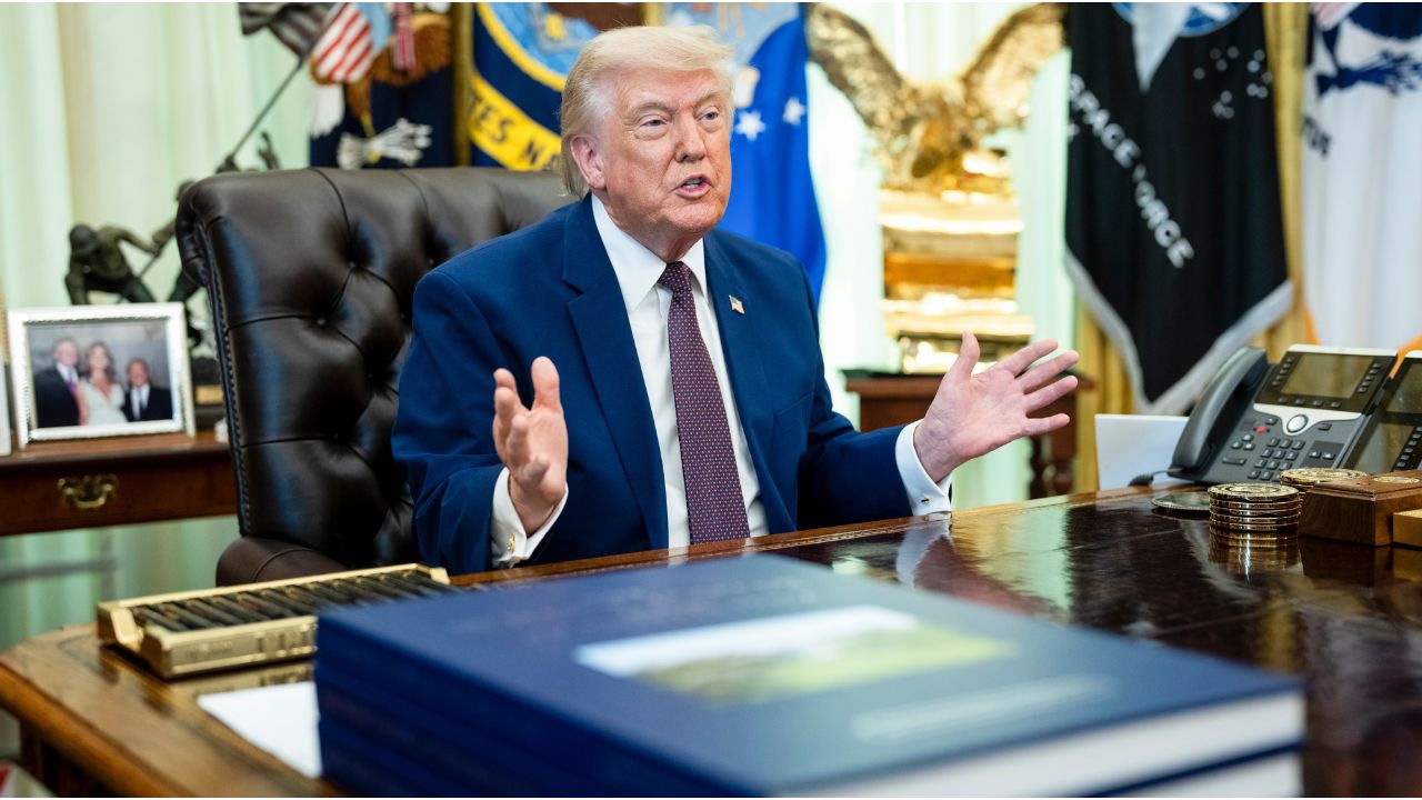 President Donald Trump speaks to reporters in the Oval Office of the White House on Wednesday, June 3, 2026. President Trump on Wednesday said he still loved the idea of a $1.8 billion fund to use taxpayer money to pay his allies who claim they have been politically persecuted, even after his administration said it was dropping the plan. (Doug Mills/The New York Times)