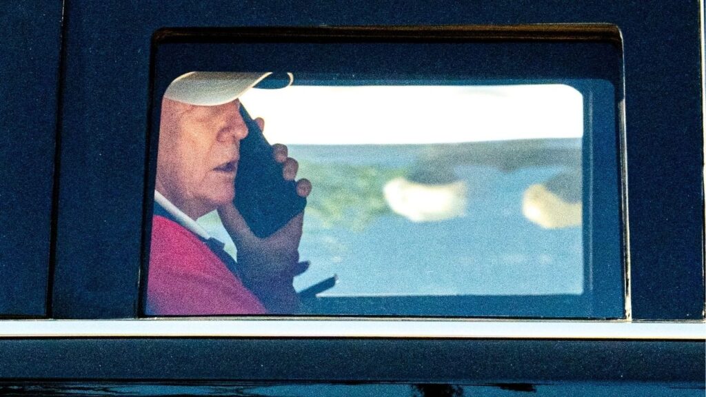 President Donald Trump talks on the phone as he departs the White House for Trump National Golf Club in Sterling, Virginia, U.S., May 31, 2026. (Reuters/Aaron Schwartz)