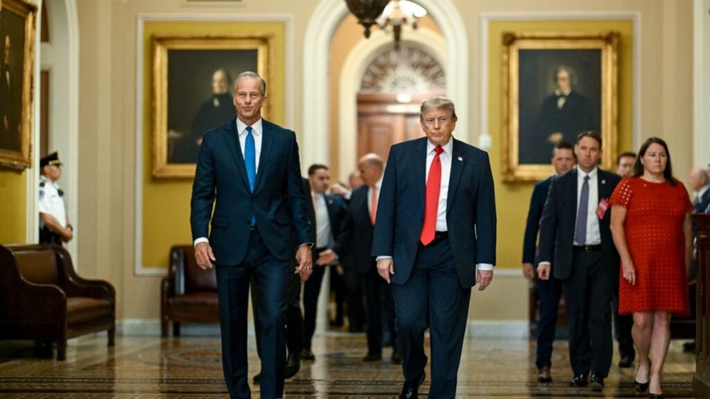 President Donald Trump walks alongside Senate Majority Leader John Thune (R-S.D.), left, before a closed-door meeting with Senate Republicans at the Capitol in Washington, on Wednesday, June 24, 2026. (Kenny Holston/The New York Times)