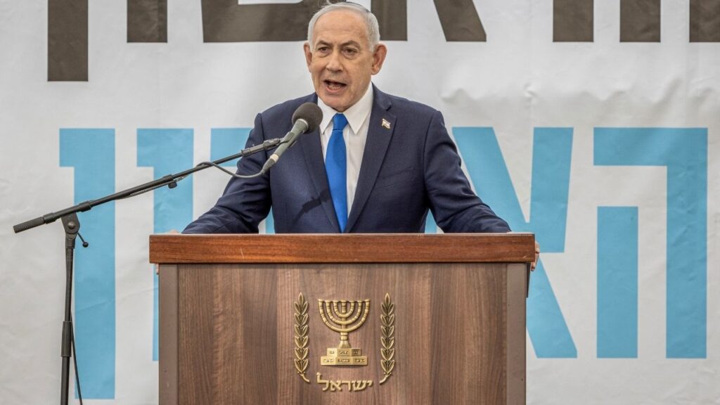 Prime Minister Benjamin Netanyahu of Israel delivers a speech at the funeral of an Israeli hostage, in Meitar on Jan. 28, 2026. President Donald Trump’s preliminary agreement to end the war with Iran accomplishes none of Israel’s war aims, analysts and officials said; Worse still for Israel, it seeks to handcuff Israel in a way that it was not before the war. (Avishag Shaar-Yashuv/The New York Times)
