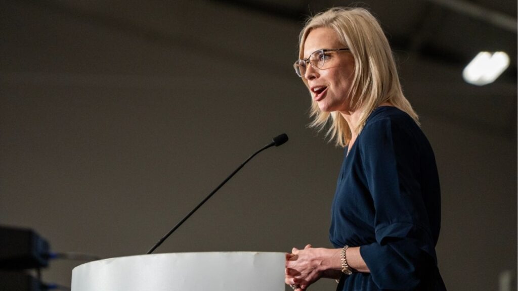Rep. Ashley Hinson (R-Iowa), a candidate for the Senate, speaks in Clive, Iowa on May 1, 2026. Iowa has not been fertile ground for Democrats in recent years — the state, after all, voted for President Donald Trump three times. (KC McGinnis/The New York Times)