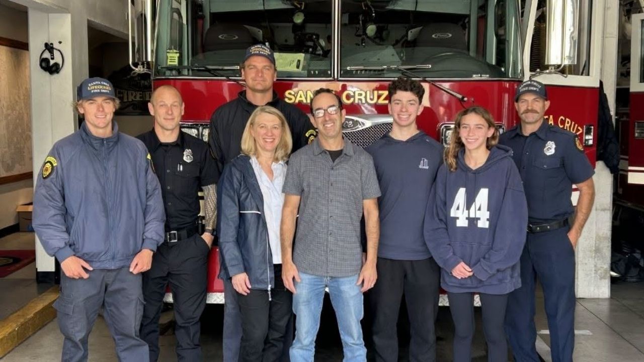 Santa Cruz runner Dave reunited with the first responders and off-duty Visalia firefighter-paramedic who helped save his life after he collapsed during a run along West Cliff. (Santa Cruz FD)