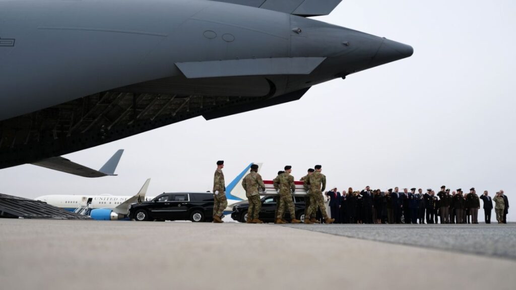 Service members carry the remains of six U.S. soldiers killed in Kuwait during a dignified transfer at Dover Air Force Base in Kent County, Del., on March 7, 2026. The war against Iran lasted just over 15 weeks before a preliminary U.S.-Iranian peace deal was reached, but the human and economic toll mounted rapidly, with consequences far beyond the region. (Tierney L. Cross/The New York Times)