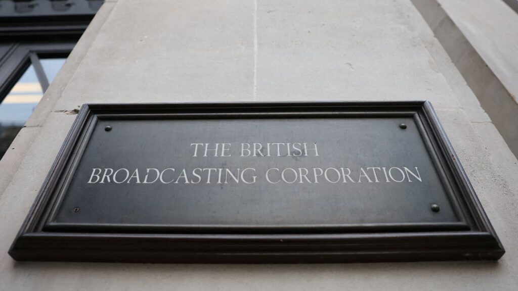 Sign outside BBC Broadcasting House, as U.S. President Donald Trump has said he would likely sue the BBC for as much as $5 billion USD after the British broadcaster admitted it wrongly edited a video of a speech he gave, in London, Britain, November 16, 2025. (Reuters File)