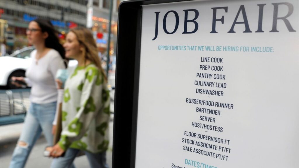 Signage for a job fair is seen on 5th Avenue after the release of the jobs report in Manhattan, New York City, U.S., September 3, 2021. (Reuters/Andrew Kelly)
