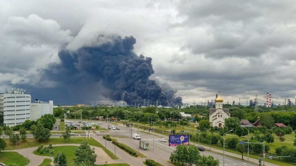 Smoke rises from an oil refinery following a Ukrainian drone attack in the course of Russia-Ukraine conflict, in Moscow, Russia, June 18, 2026, in this picture obtained from social media. (Social Media via Reuters)
