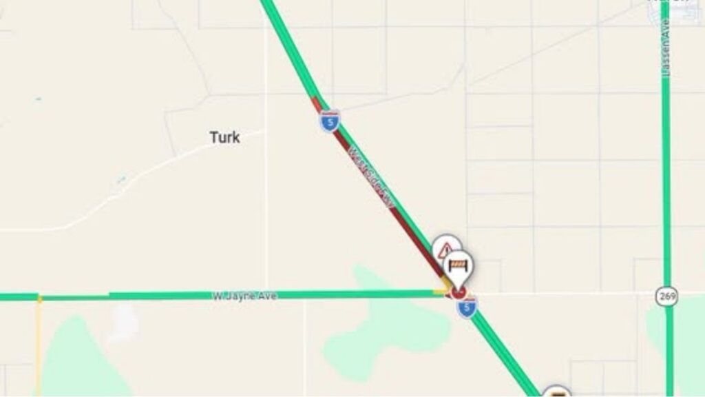Southbound Interstate 5 at Jayne Avenue in Fresno County was closed Wednesday following a crash involving a semi-truck, with delays expected and no estimated reopening time announced. (Caltrans)