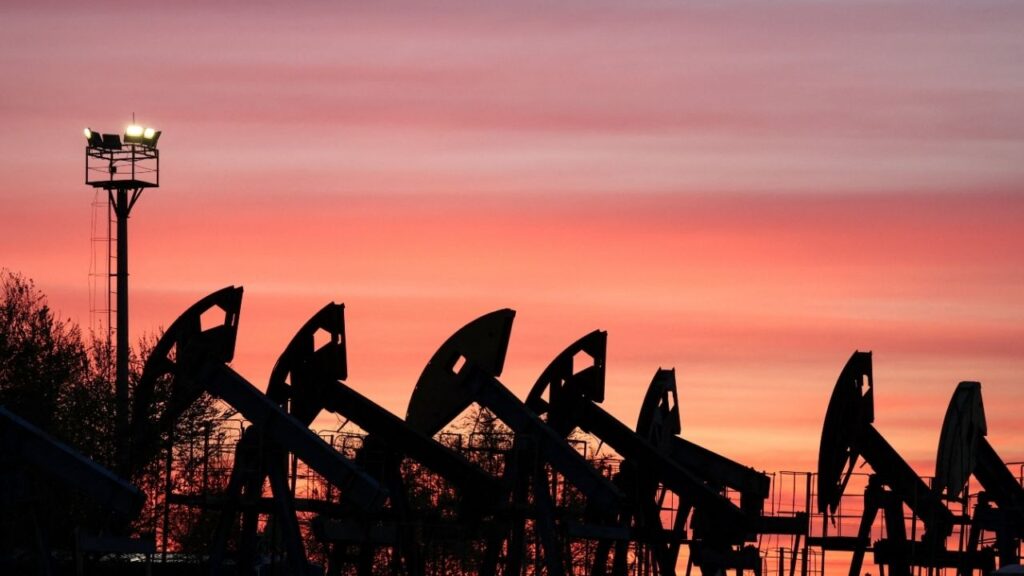 Sunset clouds glow over pump jacks at the Airankol oil field operated by Caspiy Neft in the Atyrau region, Kazakhstan, April 21, 2026. (Reuters/Pavel Mikheyev)