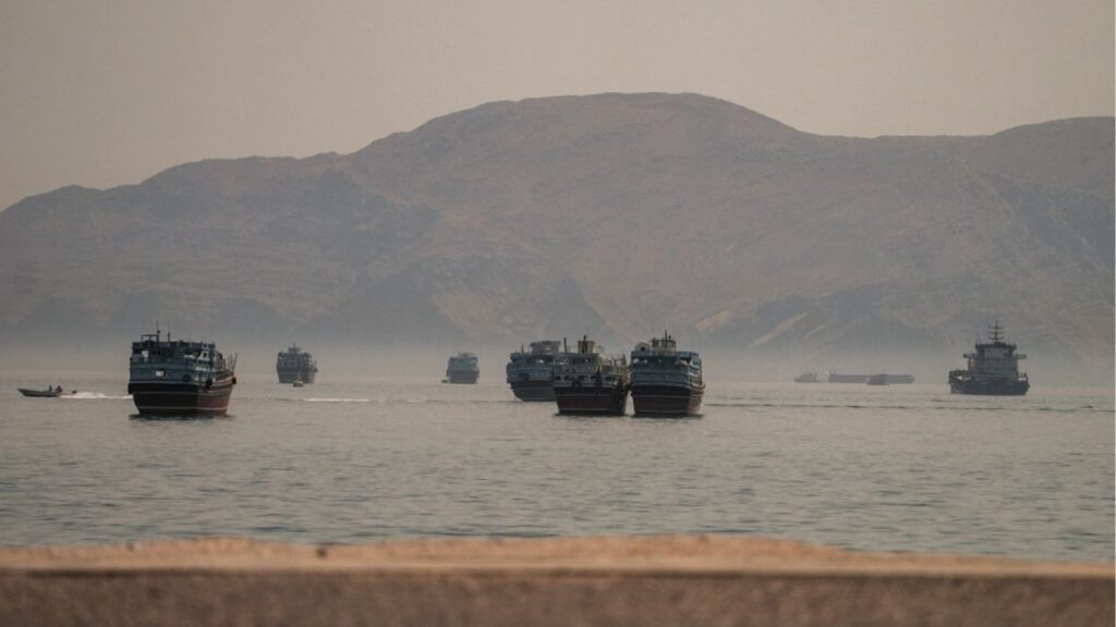 Vessels are anchored in the Strait of Hormuz, as seen from Musandam, Oman, June 19, 2026. Reuters/Stringer