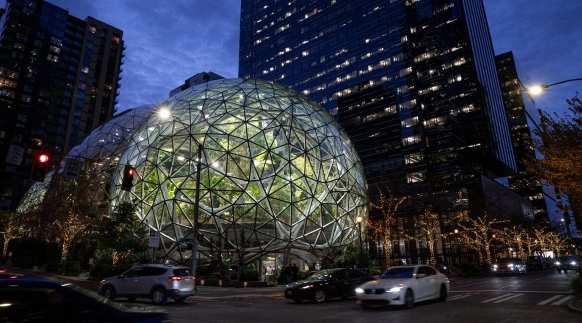 The Amazon headquarters in Seattle on Nov. 17, 2025. Amazon illegally retaliated against three of its employees for publicly testifying that Seattle should regulate data centers, according to a complaint filed on Thursday, June 18, 2026, with the city’s Office for Civil Rights. (Jovelle Tamayo/The New York Times)