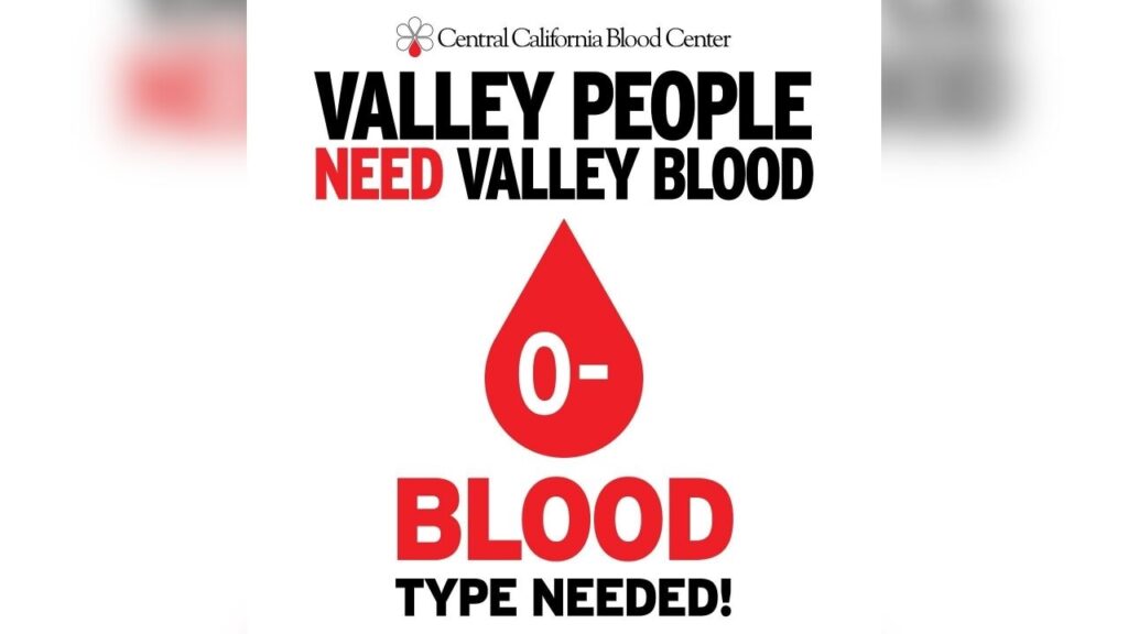 The Central California Blood Center is urgently calling for O-negative blood donations after supplies fell to less than a one-day inventory, raising concerns about hospital shortages for emergencies, surgeries and NICU babies. (CCBC)