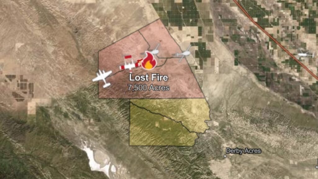 The Lost Fire in Kern County has burned about 7,500 acres as of Friday morning, is 5% contained, and has prompted evacuation orders and warnings as wind-driven flames continue to spread. (CalFire)