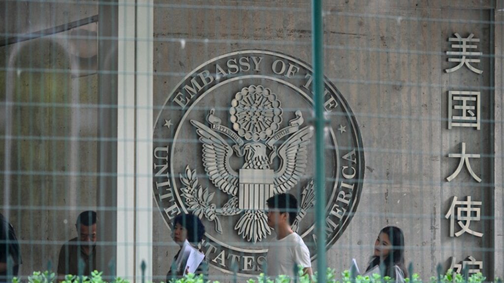 The U.S. Embassy in Beijing, May 14, 2026. Travelers planning to visit the U.S. under a tourism or business visa can soon bypass the line and expedite their interview process — for a $750 fee. (Kenny Holston/The New York Times)