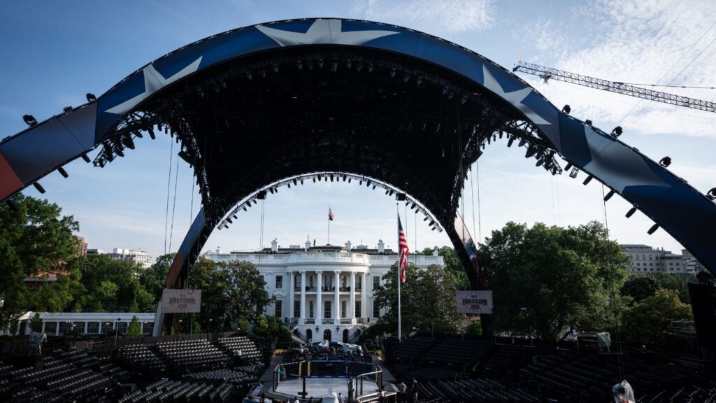 The UFC octagon cage, set up outside the White House in Washington on Thursday, June 11, 2026. President Donald Trump plans to hold a mixed martial arts fights card here on June 14, as part of celebrations of America’s 250th anniversary. (Haiyun Jiang/The New York Times)