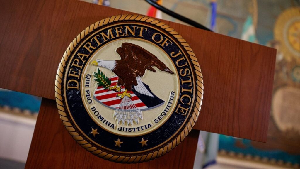 The seal of the U.S. Department of Justice at Freedom Tower in Miami, Florida, U.S., May 20, 2026. (Reuters File)