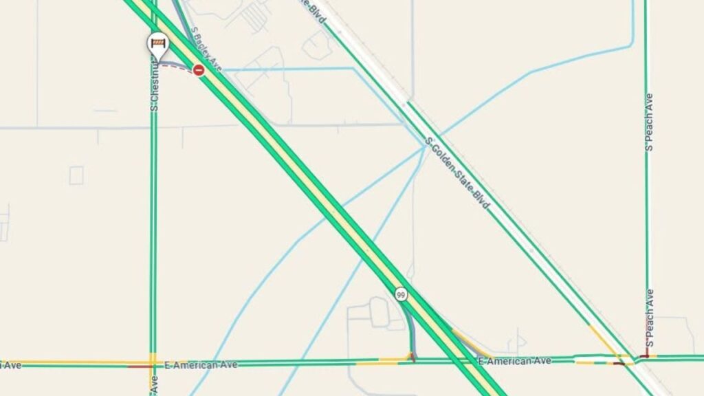 The southbound Highway 99 onramp at Chestnut Avenue was closed Wednesday after a semi-truck went down an embankment, according to the Caltrans. (Caltrans)