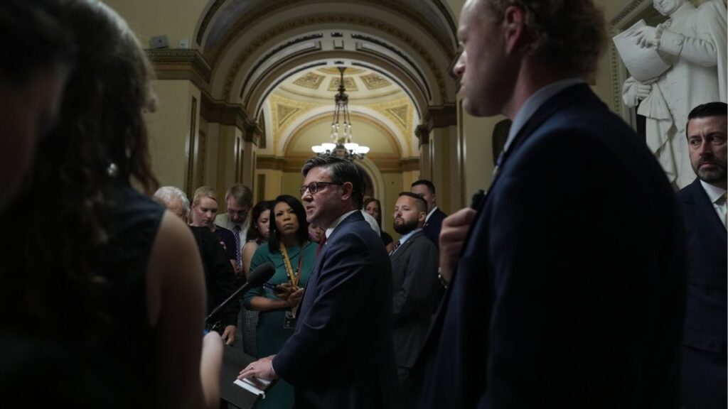 House Speaker Mike Johnson (R-La.) speaks to reporters at the Capitol in Washington, on Thursday, June 11, 2026. Johnson said that not extending the law, known as Section 702 of the Foreign Intelligence Surveillance Act, risked “a serious calamity on our shores.” (Salwan Georges/The New York Times)