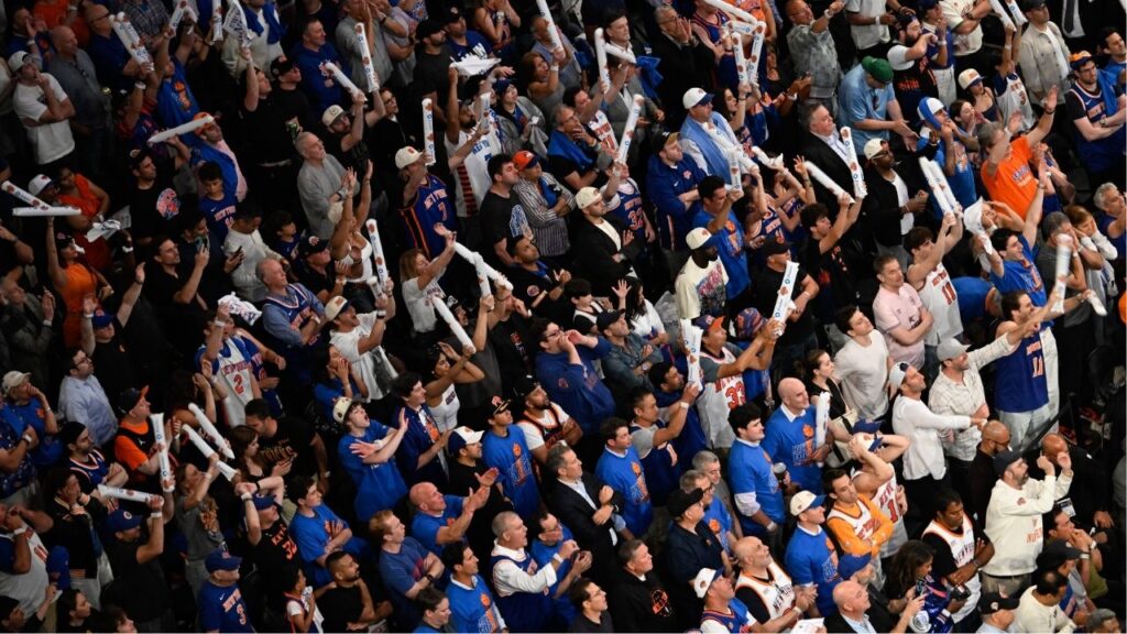 Fans at Madison Square Garden during the New York Knicks’ comeback win over the San Antonio Spurs in Game 4 of the NBA Finals, on Wednesday, June 10, 2026. The finals have revealed two types of New Yorkers: the devil-may-care fans who celebrate wins as they come, and the superstitious ones who at every turn think the Knicks are just one fate-tempting move away from disaster. (Vincent Alban/The New York Times)