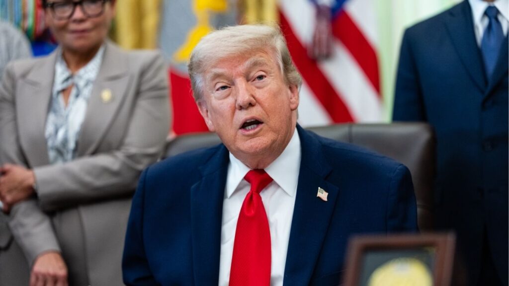 President Donald Trump speaks in the Oval Office of the White House in Washington, on Thursday, June 11, 2026. Even as the United States tries to negotiate an end to the war with Iran and open the Strait of Hormuz, President Trump said the U.S. military had been helping ships and oil move through the crucial waterway. (Eric Lee/The New York Times)