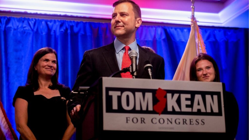 Tom Kean Jr. address supporters during an election night party in Basking Ridge, N.J., on Nov. 8, 2022. Kean, who has not voted in Congress or been seen for nearly three months, is on the ballot in the New Jersey primary on June 2, 2026. (Andrew Seng/The New York Times)