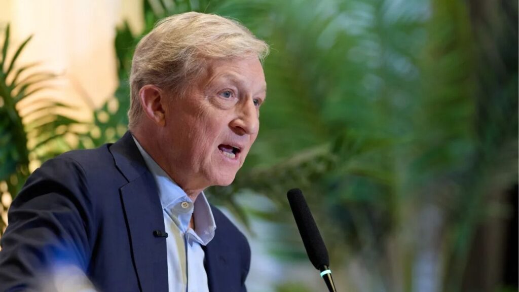 Tom Steyer speaks during a gubernatorial candidate forum hosted by California Immigrant Policy Center, California Latino Legislative Caucus Foundation, and ACLU California Action at the SAFE Credit Union Convention Center in Sacramento on April 14, 2026. Photo by Fred Greaves for CalMatters
