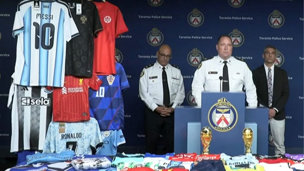 Toronto Police Service Superintendent David Ecklund speaks to the press about what they described as the largest seizure of counterfeit soccer jerseys ever recorded in Canada, just days before the the start of the FIFA 2026 World Cup, in Toronto, Ontario, Canada June 1, 2026 in a still image from video. (Toronto Police Service/Handout via Reuters)