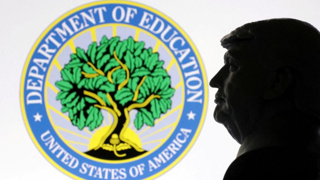 A 3D-printed miniature model of U.S. President Donald Trump with the U.S. Department of Education logo in the background is seen in this illustration taken April 23, 2025. (REUTERS/Dado Ruvic/Illustration/File Photo)
