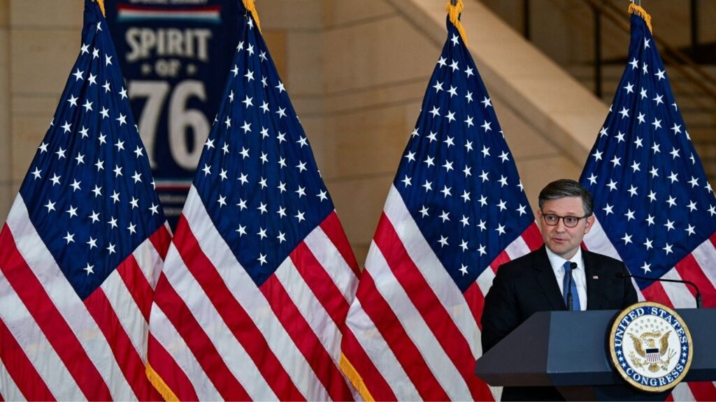 U.S. House Speaker Mike Johnson (R-LA) speaks at an unveiling ceremony for the Semiquincentennial Congressional Time Capsule on Capitol Hill in Washington, D.C., U.S., June 24, 2026. (Reuters/Annabelle Gordon)