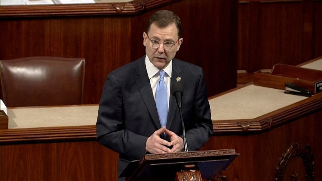 U.S. Rep. Tom Kean (R-NJ), appears in a frame grab from House TV, as he delivers a speech on the floor of the House of Representatives following a months-long absence after he was hospitalized for depression, at the U.S. Capitol in Washington, D.C., U.S., June 30, 2026. House TV/Handout via REUTERS