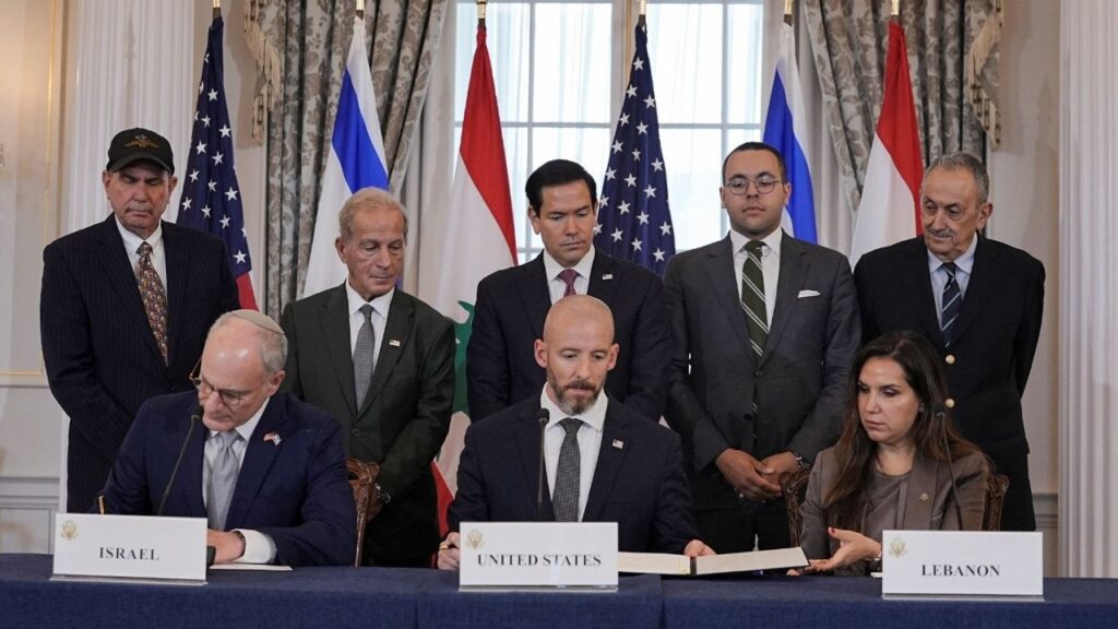 U.S. Secretary of State Marco Rubio looks on as State Department Counselor Daniel Holler, Israel's Ambassador to the U.S. Yechiel Leiter and Lebanon's Ambassador to the U.S. Nada Hamadeh sign a framework agreement between Israel and Lebanon, at the State Department in Washington, D.C., U.S., June 26, 2026. REUTERS/Ken Cedeno