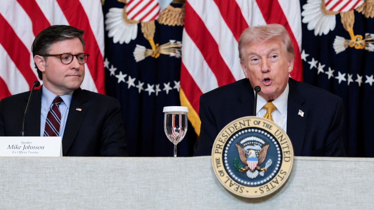 U.S. Speaker of the House Mike Johnson (R-LA) listens to U.S. President Donald Trump speaking during a lunch with the Kennedy Center board members in the East Room of the White House in Washington, D.C., U.S., March 16, 2026. (Reuters File)