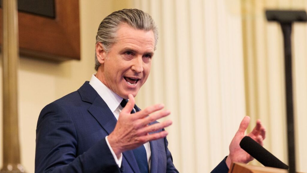 Gov. Gavin Newsom of California delivers his State of the State address at the Capitol in Sacramento on Thursday, Jan. 8, 2026. A surprising array of left-leaning interest groups is trying to kill a wealth tax initiative before the November ballot is finalized. Gov. Gavin Newsom is at the center of negotiations. (Max Whittaker/The New York Times)