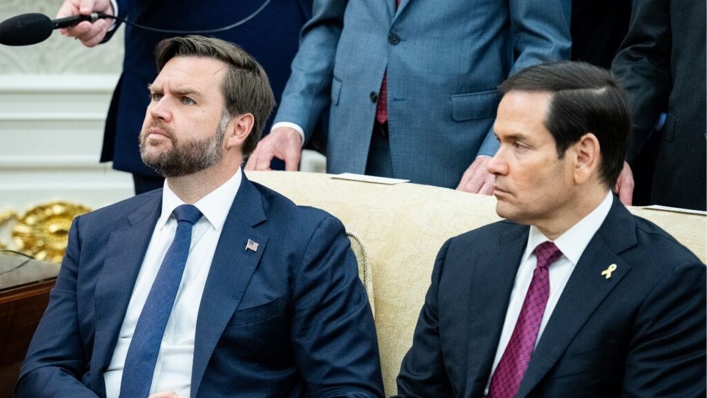 Vice President JD Vance and Marco Rubio, Secretary of State, listen as President Donald Trump holds a meeting with Prime Minister of Canada Mark Carney in the Oval Office in Washington, Oct. 7, 2025. President Trump suggested on a podcast released Wednesday that Vance and Rubio should run on the same ticket in the 2028 presidential election, though he didn’t say whom he preferred at the top. (Haiyun Jiang/The New York Times)