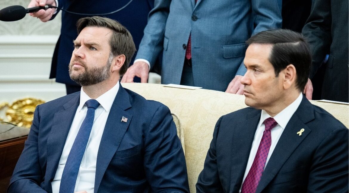 Vice President JD Vance and Marco Rubio, Secretary of State, listen as President Donald Trump holds a meeting with Prime Minister of Canada Mark Carney in the Oval Office in Washington, Oct. 7, 2025. President Trump suggested on a podcast released Wednesday that Vance and Rubio should run on the same ticket in the 2028 presidential election, though he didn’t say whom he preferred at the top. (Haiyun Jiang/The New York Times)
