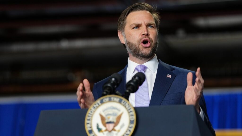 Vice President JD Vance delivers remarks concerning the Trump administration's efforts to combat fraud, in Bangor, Maine, Thursday, May 14, 2026. The vice president is embarking on a media blitz beginning this week to promote a new book about his faith. (Tierney L. Cross/The New York Times)