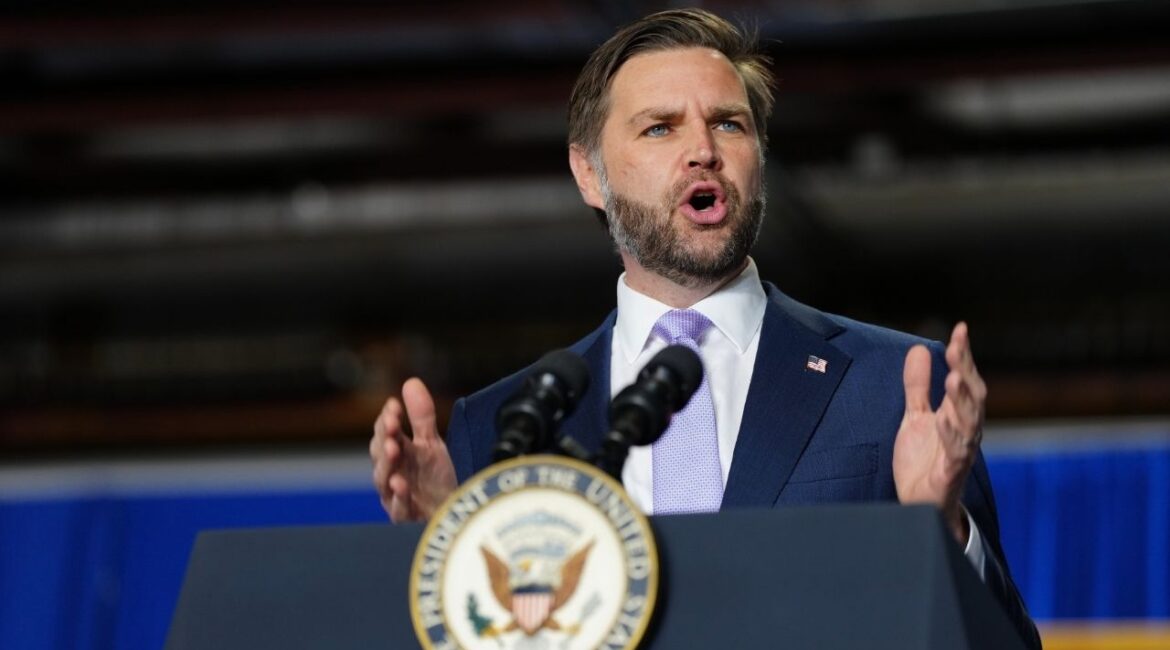 Vice President JD Vance delivers remarks concerning the Trump administration's efforts to combat fraud, in Bangor, Maine, Thursday, May 14, 2026. The vice president is embarking on a media blitz beginning this week to promote a new book about his faith. (Tierney L. Cross/The New York Times)