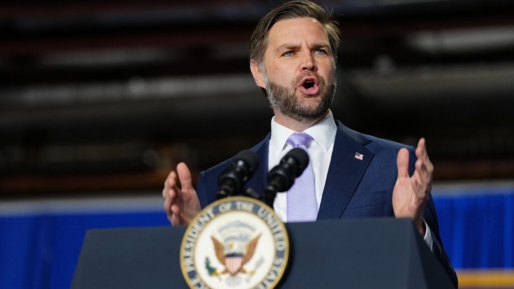 Vice President JD Vance speaks at an event in Bangor, Maine on May 14, 2026. At an event at the Richard Nixon Presidential Library and Museum on June 25, Vance compared himself to the former president: “Young senator, vice president, writes some best-selling books, is hated by the media.” (Tierney L. Cross/The New York Times)