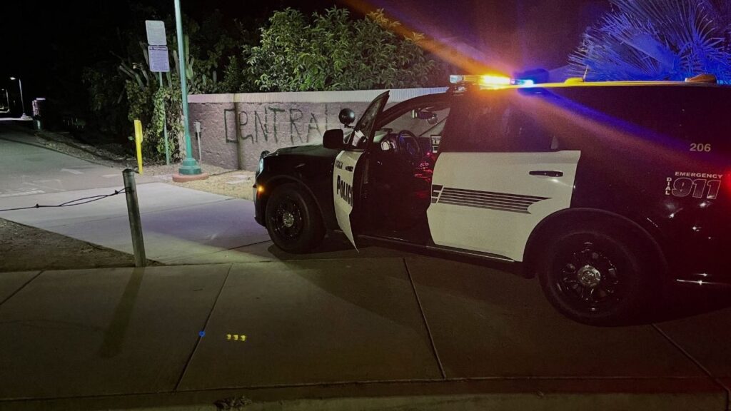 Visalia police arrested a robbery parolee on vandalism and parole violation charges after responding to fresh graffiti near Houston Avenue and Santa Fe Street and finding paint on the suspect’s hands. (Visalia PD)