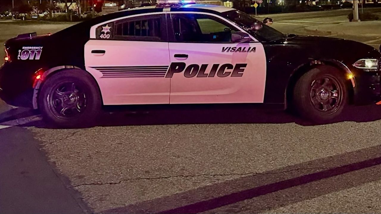 Visalia police arrested two men after a brief pursuit involving an altered license plate ended in a crash into a pole, followed by foot chases and multiple felony and warrant-related bookings. (Visalia PD)