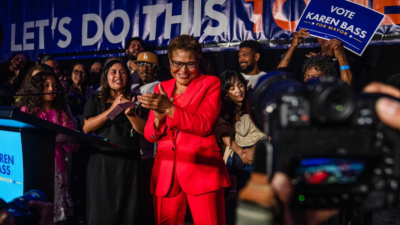 Mayor Karen Bass cheers with supporters at the Los Angeles County Democratic watch party in Los Angeles, June 2, 2026. Bass claimed one of two spots on the November ballot late Tuesday, according to The Associated Press. Nithya Raman, a progressive former ally of the mayor, and Spencer Pratt, a onetime reality television star, were battling for second place. (Ariana Drehsler/The New York Times)